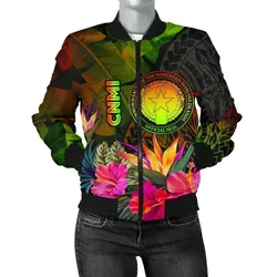 Northern Mariana Islands Polynesian Women's Bomber Jacket- Hibiscus and Banana Leaves - BN15