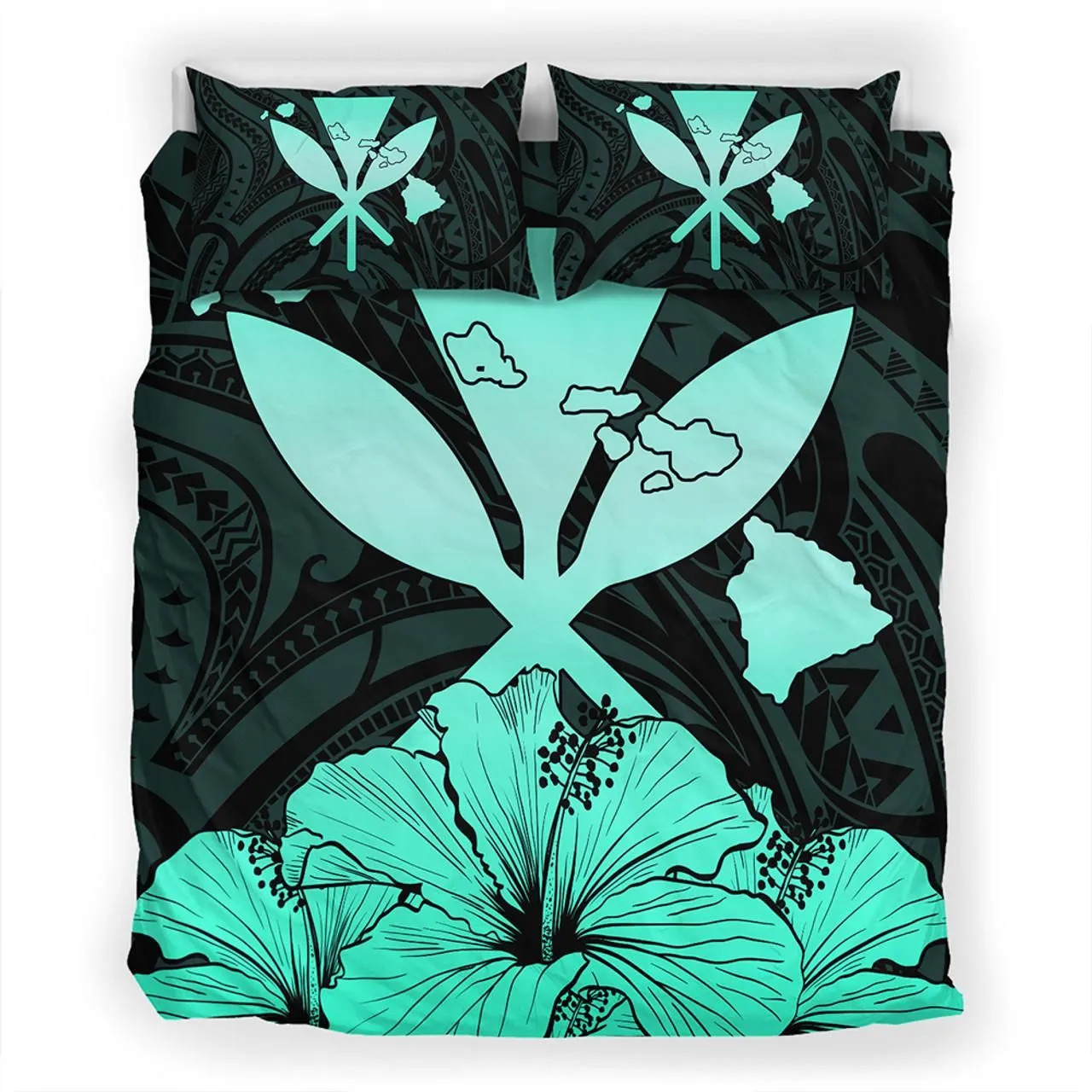 Hawaiian Bedding Set Kanaka Maoli Hibiscus Polynesian Love Turquoise