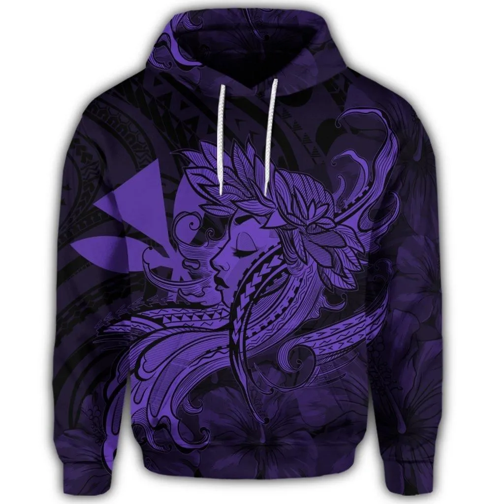 Hawaiian Map Hula Girl Hibiscus Kanaka Polynesian Hoodie - Purple
