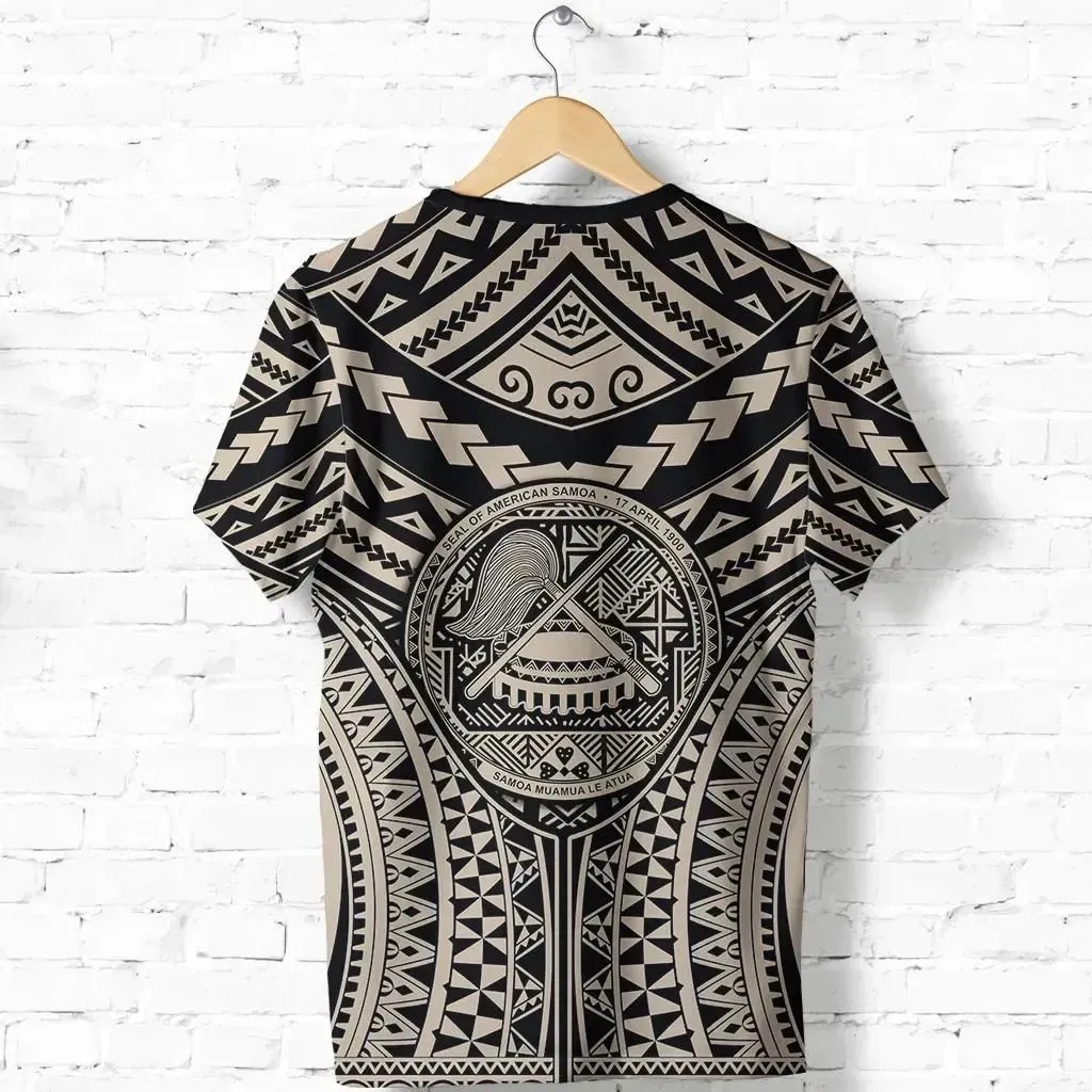 Polynesian Tattoo T Shirt, American Samoa Tribal Tattoo Shirt - Tan K5