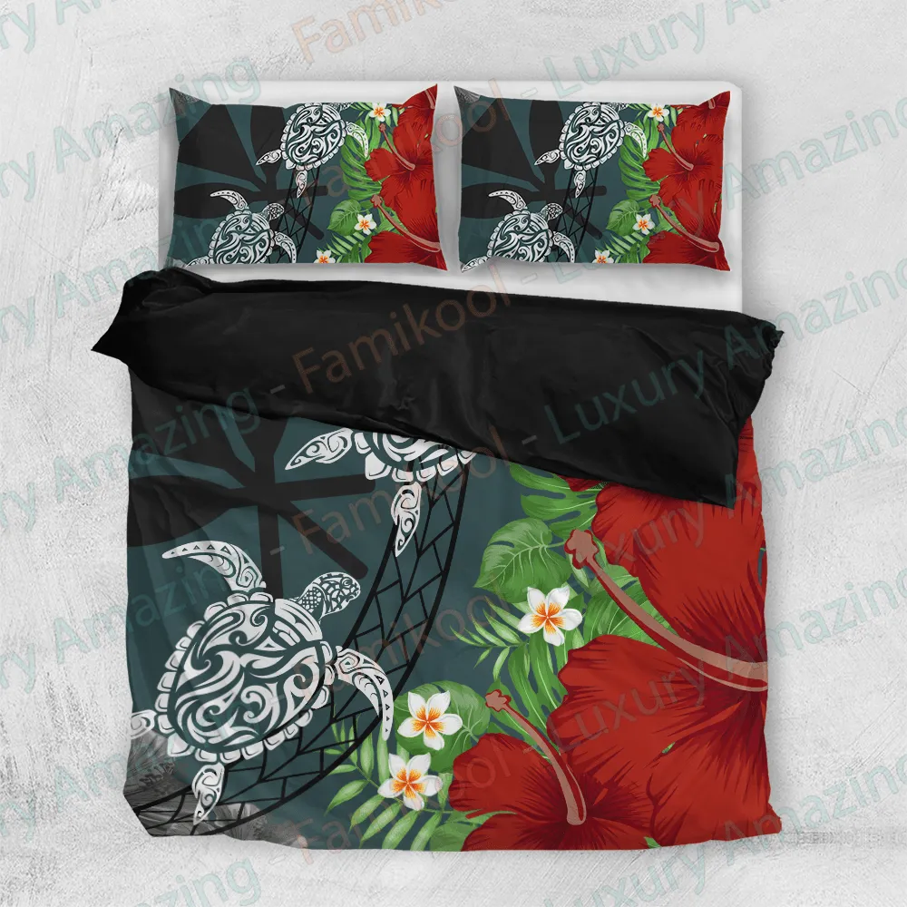 Hawaii Map Turtle Hibiscus Plumeria Polynesian - Bedding Set