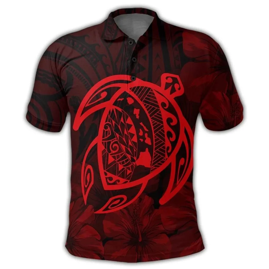 Alohawaii Shirt - Hawaiian Map Turtle Kanaka Hibiscus Polynesian Polo Shirt - Red - AH - J4R
