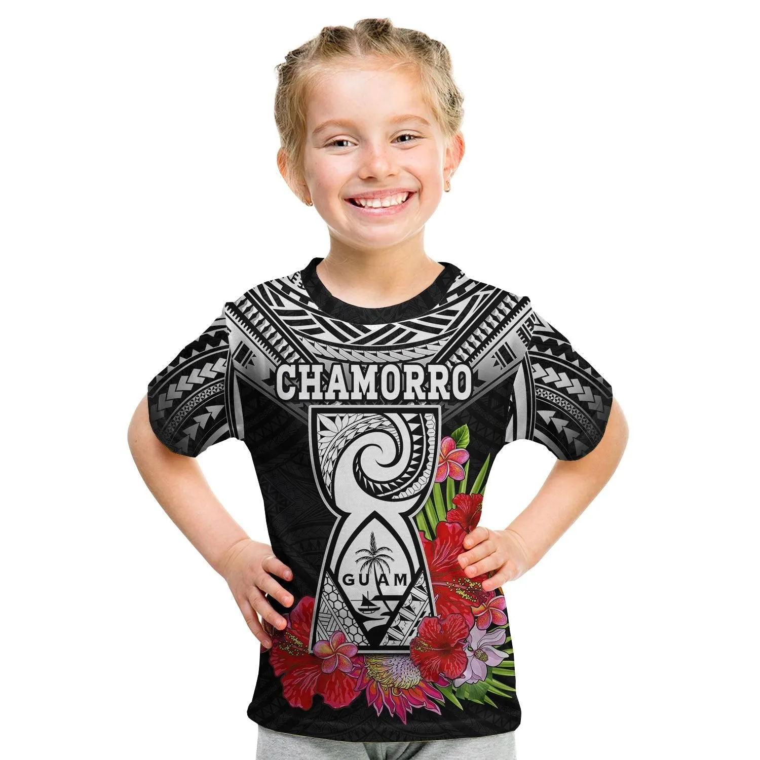 (Custom Personalised) Guam Chamorro T Shirt KID Guaman Latte Stone Tropical Flowers Black Style LT14