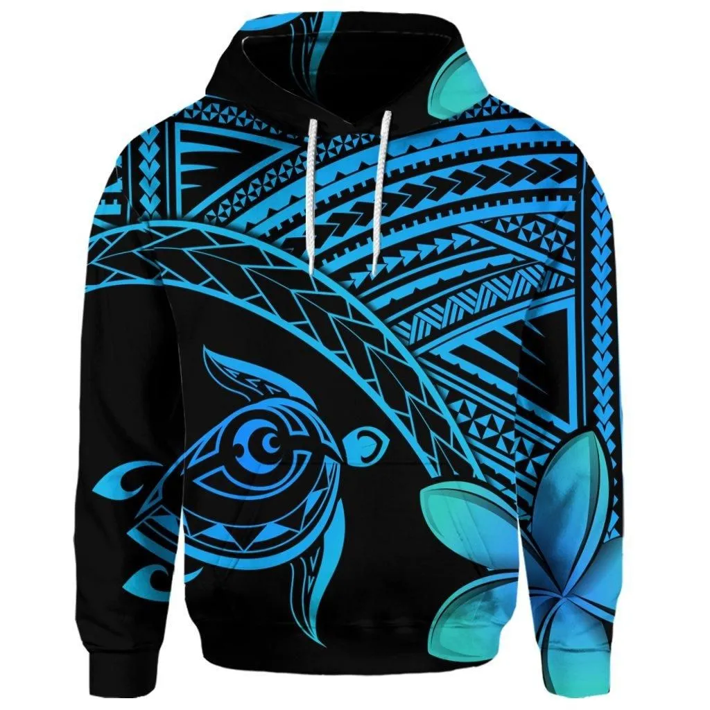 (Personalised) Hawaiian Turtle Plumeria Kakau Polynesian Quilt Hoodie Blue AH