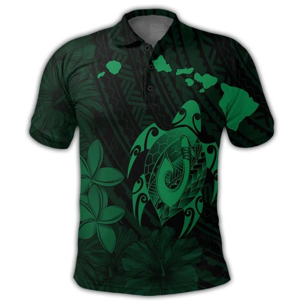 Hawaiian Map Turtle Plumeria Hibiscus Fish Hook Polynesian Polo Shirt Green - AH