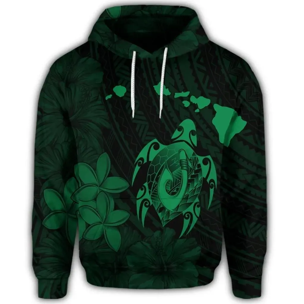 Alohawaii Hoodie - Hawaiian Map Turtle Plumeria Hibiscus Fish Hook Polynesian Hoodie Green - AH - J5R