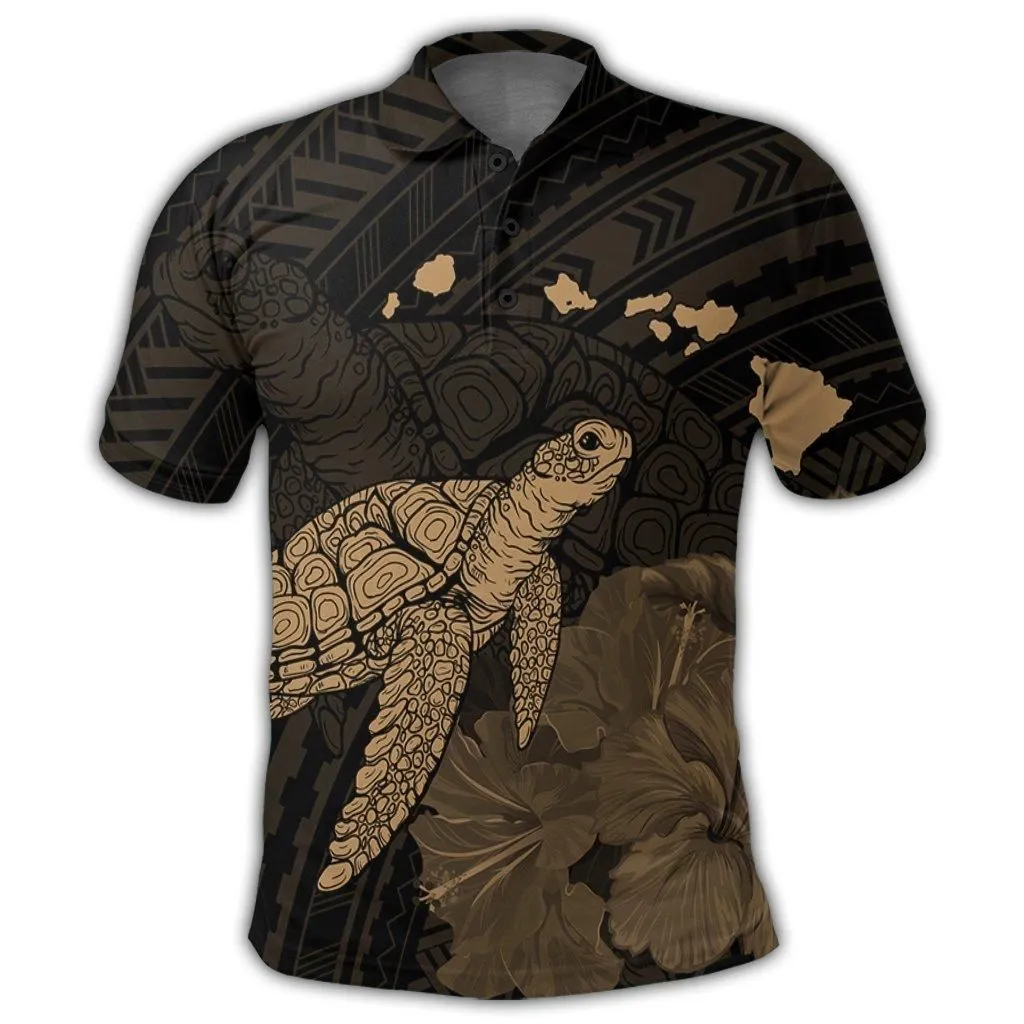 Hawaii Polynesian Hibiscus Turtle Map Polo Shirt Gold - AH