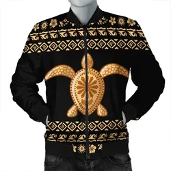 Hawaiian Golden Turtle Hibiscus Plumeria Polynesian Bomber Jacket - AH