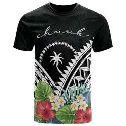 Chuuk Polynesian T-Shirts - Chuuk Coat of Arms & Polynesian Tropical Flowers White