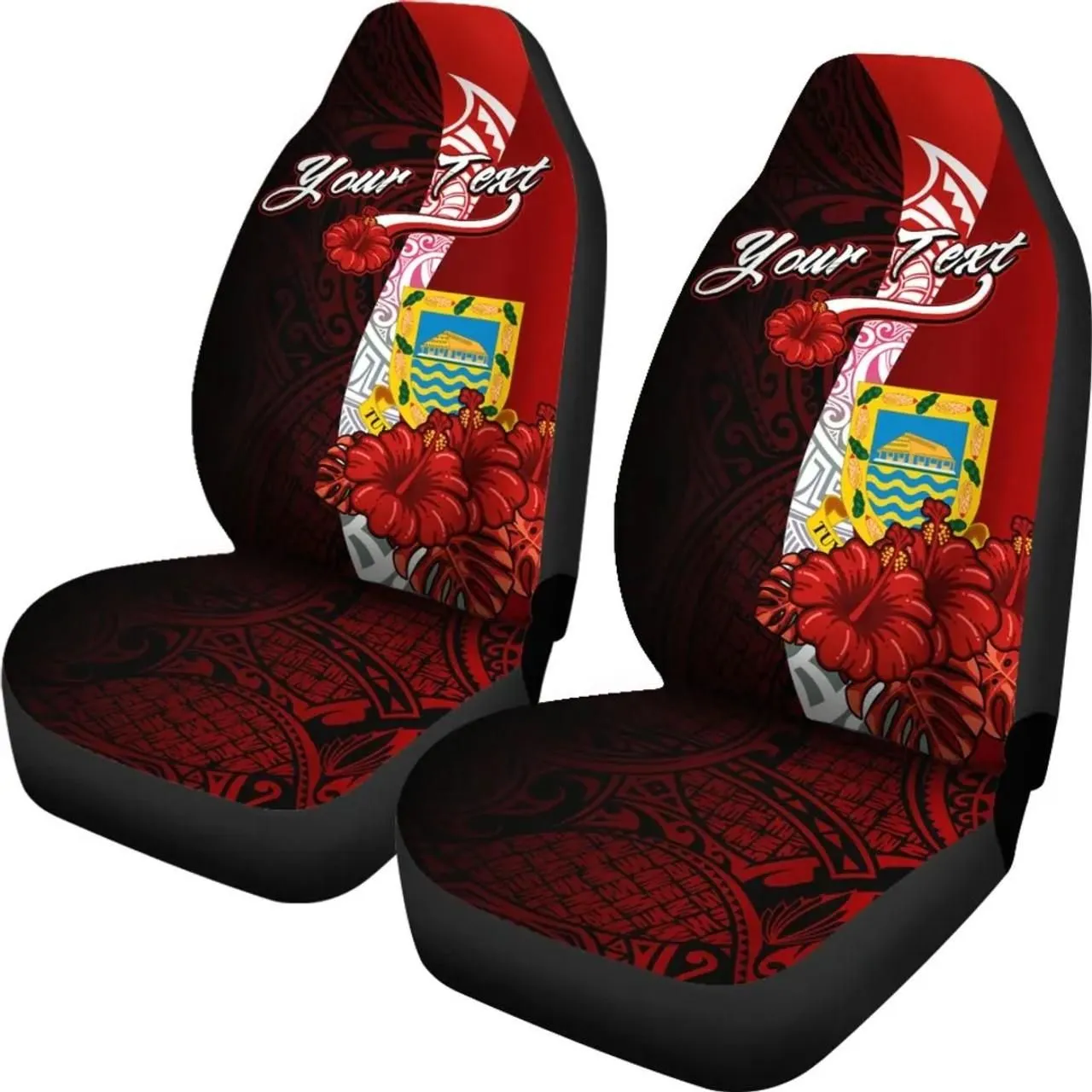 Tuvalu Polynesian Custom Personalised Car Seat Covers - Coat Of Arm With Hibiscus