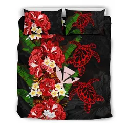 Kanaka Maoli (Hawaiian) Bedding Set - Polynesian Hibiscus Turtle Palm Leaves Red