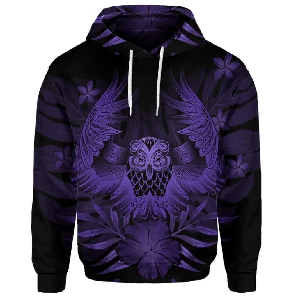 (Personalised) Hawaiian Owl Hibiscus Plumeria Polynesian Hoodie - Purple