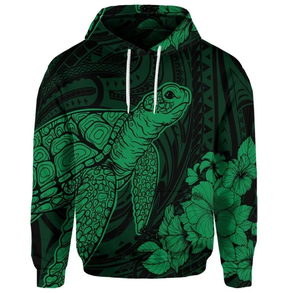 (Personalised) Hawaiian Hibiscus Memory Turtle Polynesian Hoodie Green - AH