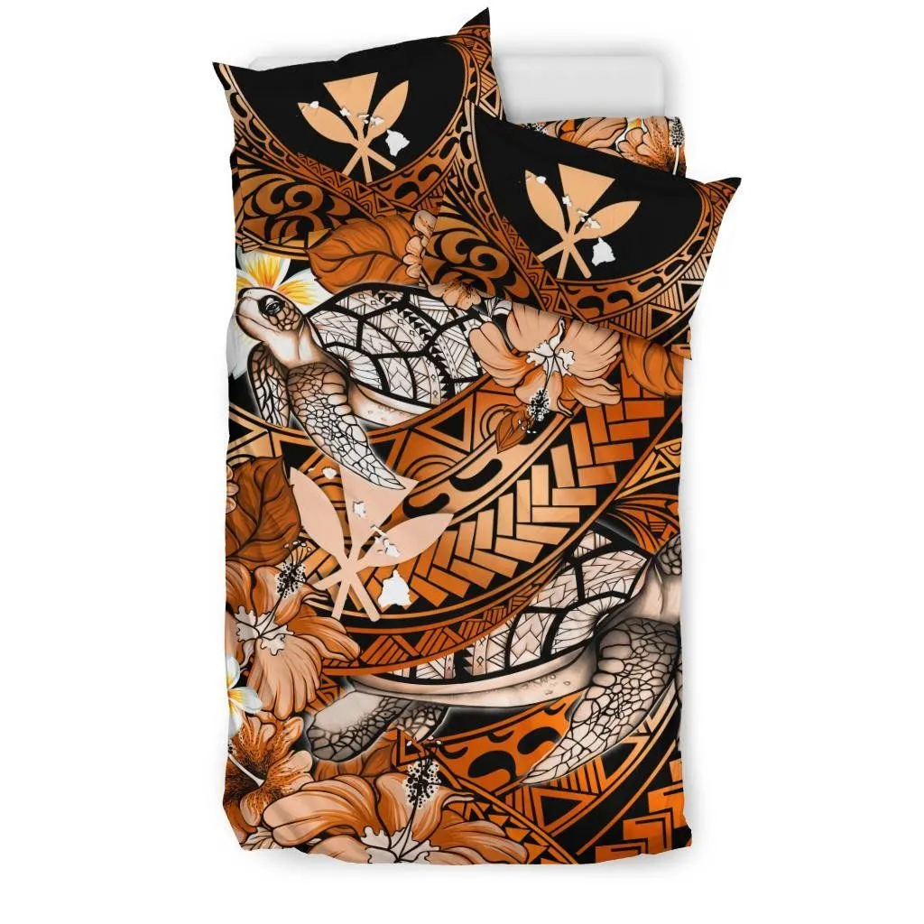 FamilyGater Bedding Set - Cover and Pillow Cases Kanaka Maoli (Hawaiian) - Waves Polynesian Turtle Hibiscus (Orange) A24