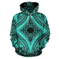 Hawaii Hoodie - Polynesian Plumeria Mix Turquoise Black Pullover
