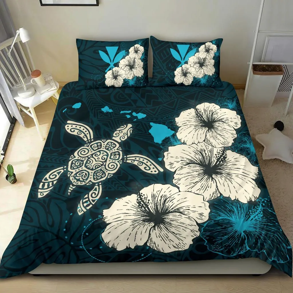 Hawaiian Hibiscus Turtle Polynesian Bedding Set - Maps Style Ocean A10
