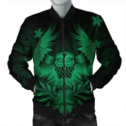 Hawaiian Owl Hibiscus Plumeria Polynesian Bomber Jacket - Green