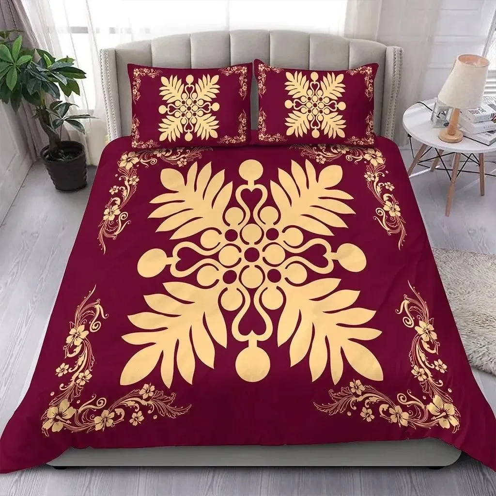 Alohawaii Home Set - Hawaiian Quilt Maui Plant And Hibiscus Pattern Bedding Set - Beige Burgundy - AH J8