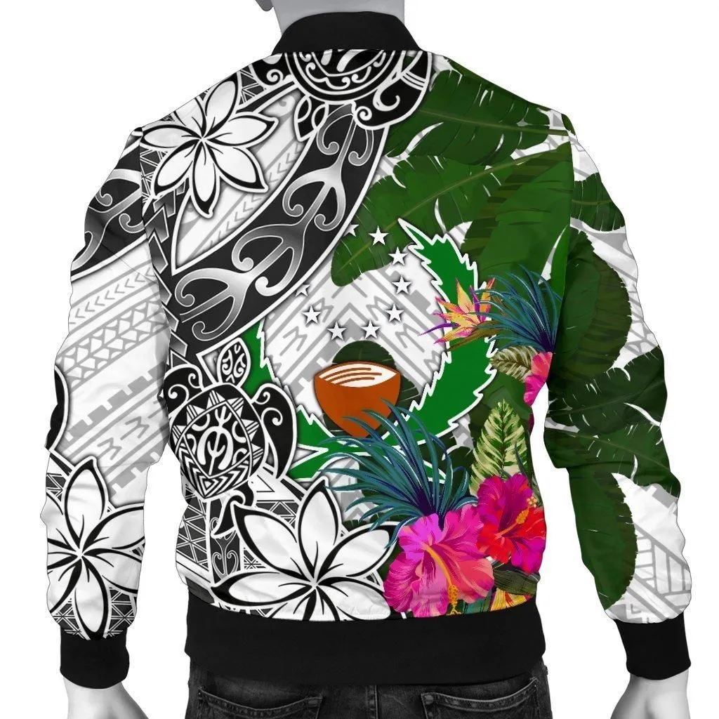 Pohnpei Custom Personalised Mens Bomber Jacket White - Turtle Plumeria Banana Leaf