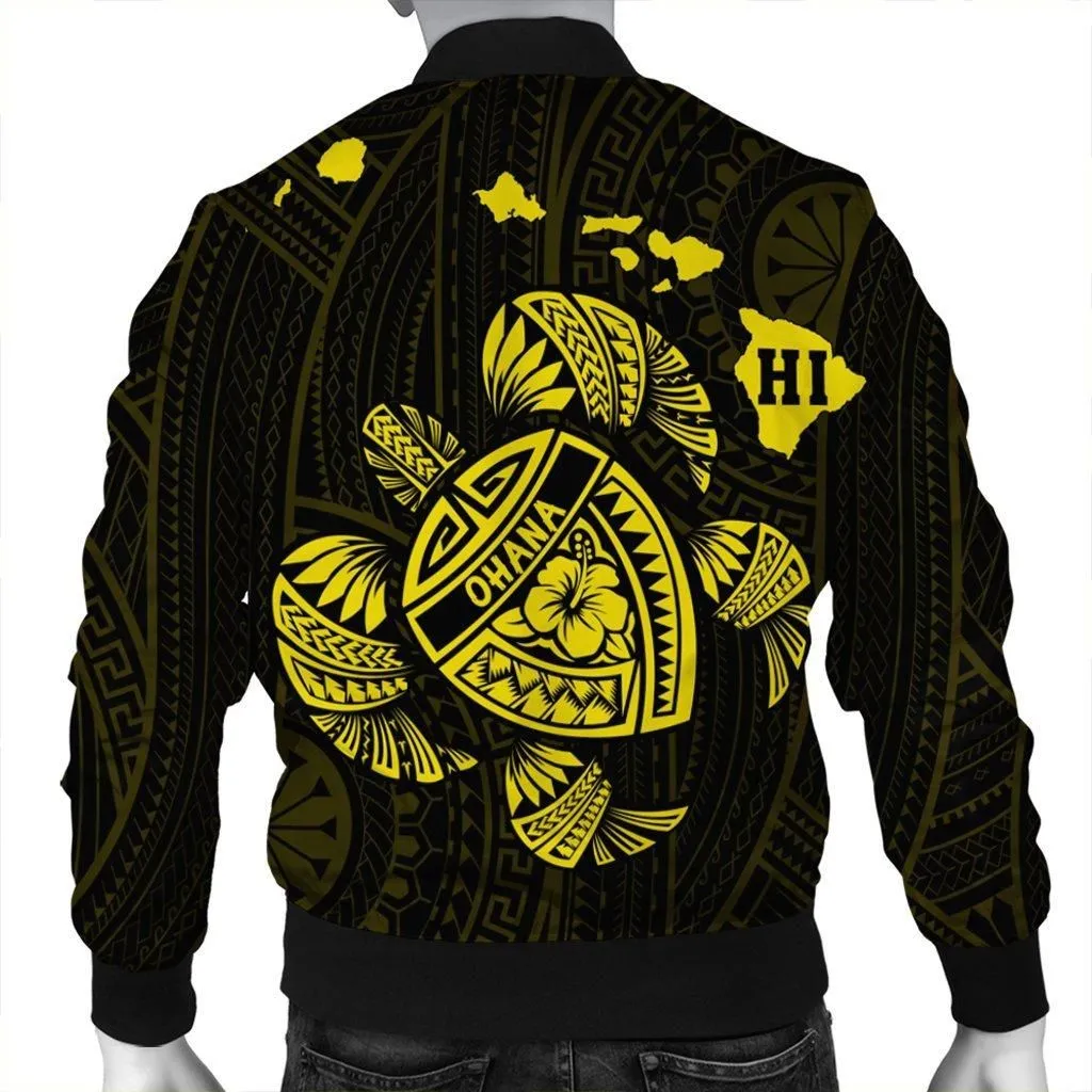 Hawaiian Map Turtle Ohana Hibicus Polynesian Bomber Jacket - Yellow - AH