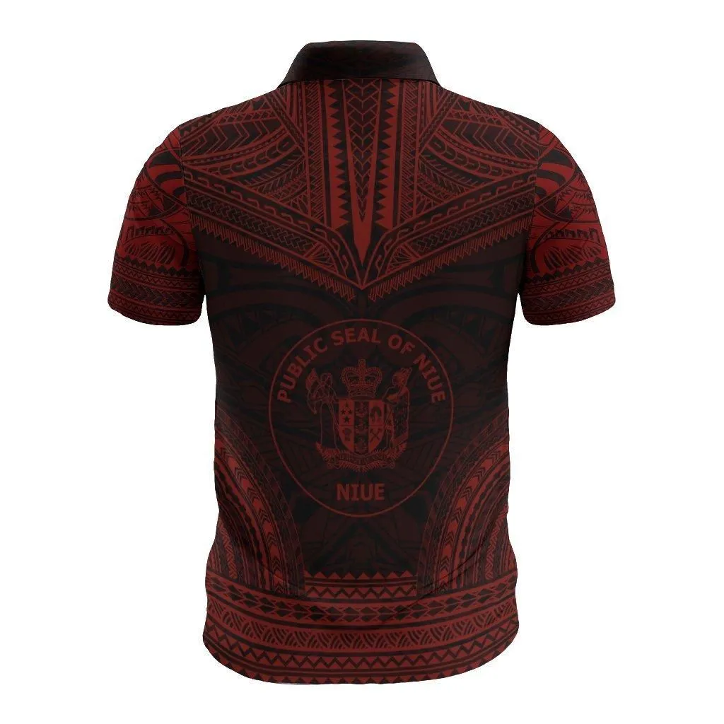 Niue Polo Shirt - Niue Seal Coat Of Arms Polynesian Chief Tattoo Red Version