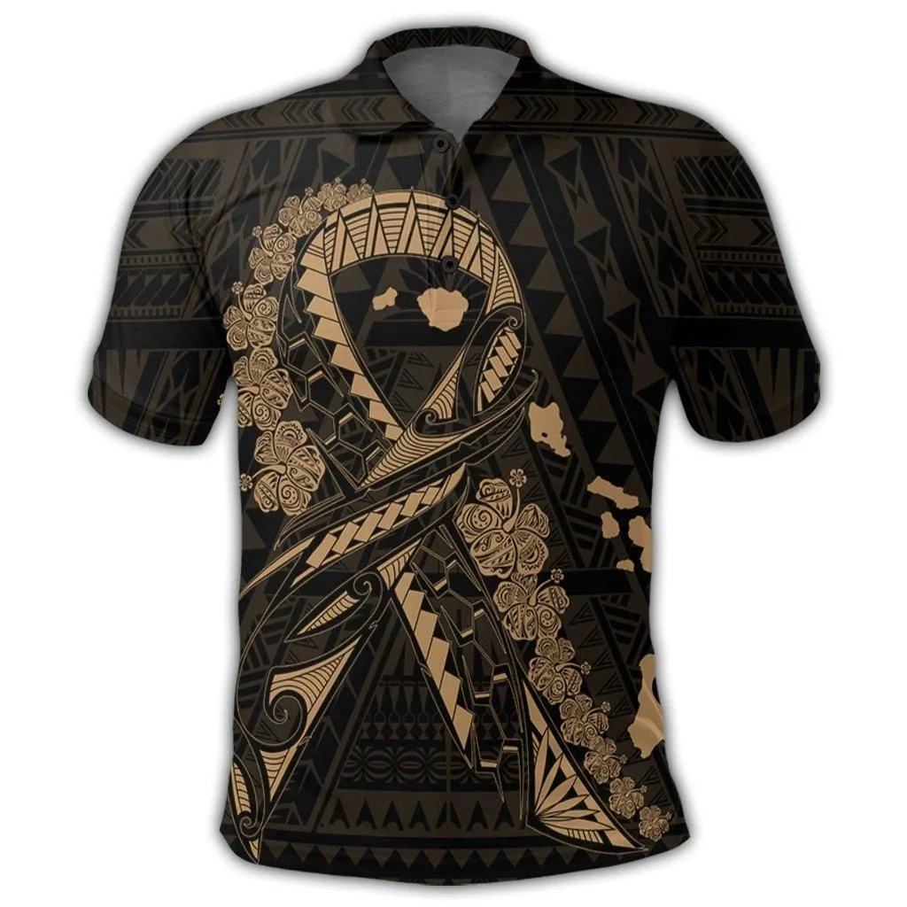 Hawaiian Map Heart Ribbon Cancer Hibiscus Gold Polynesian Polo Shirt