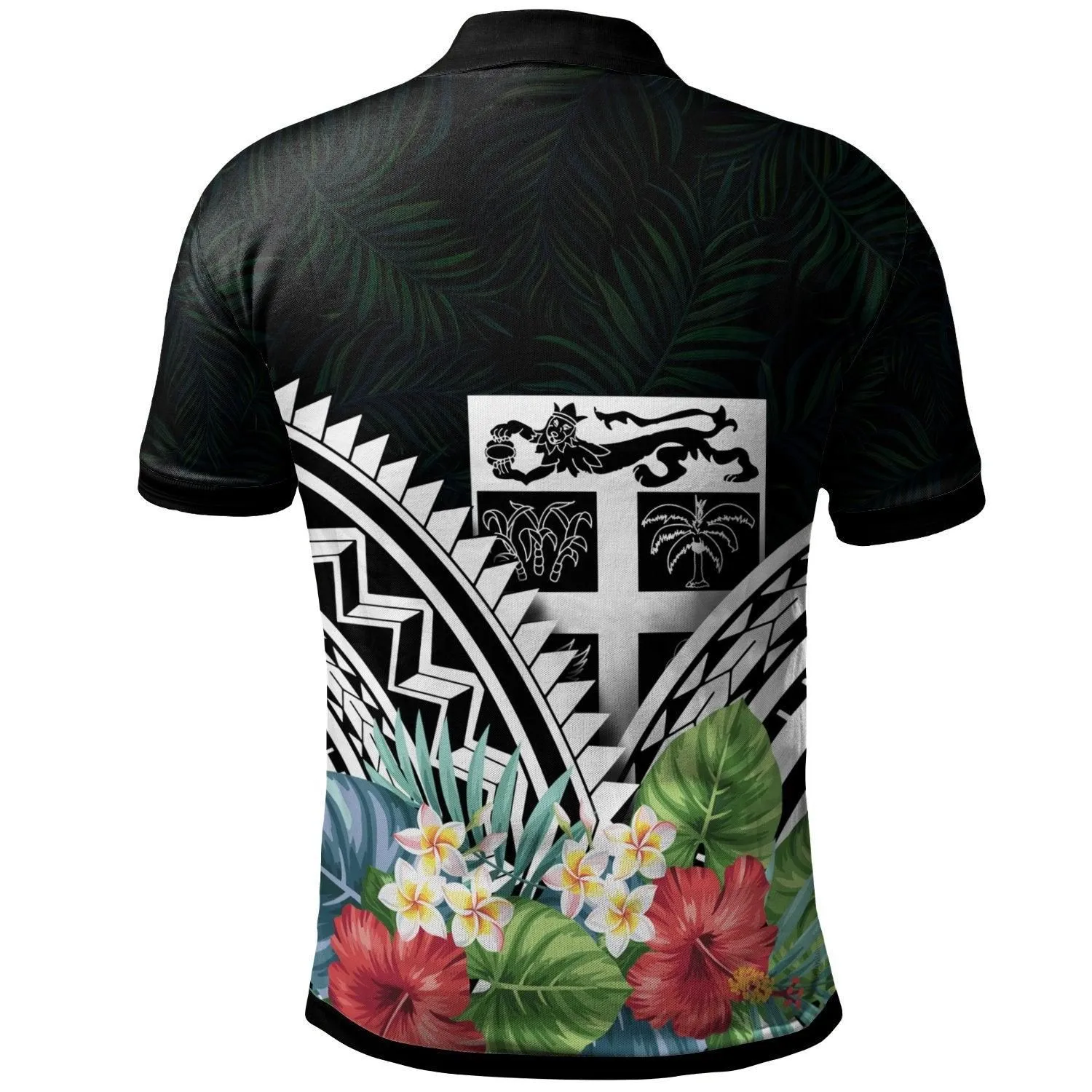 FIji Polo Shirt - FIji Coat of Arms & Polynesian Tropical Flowers White