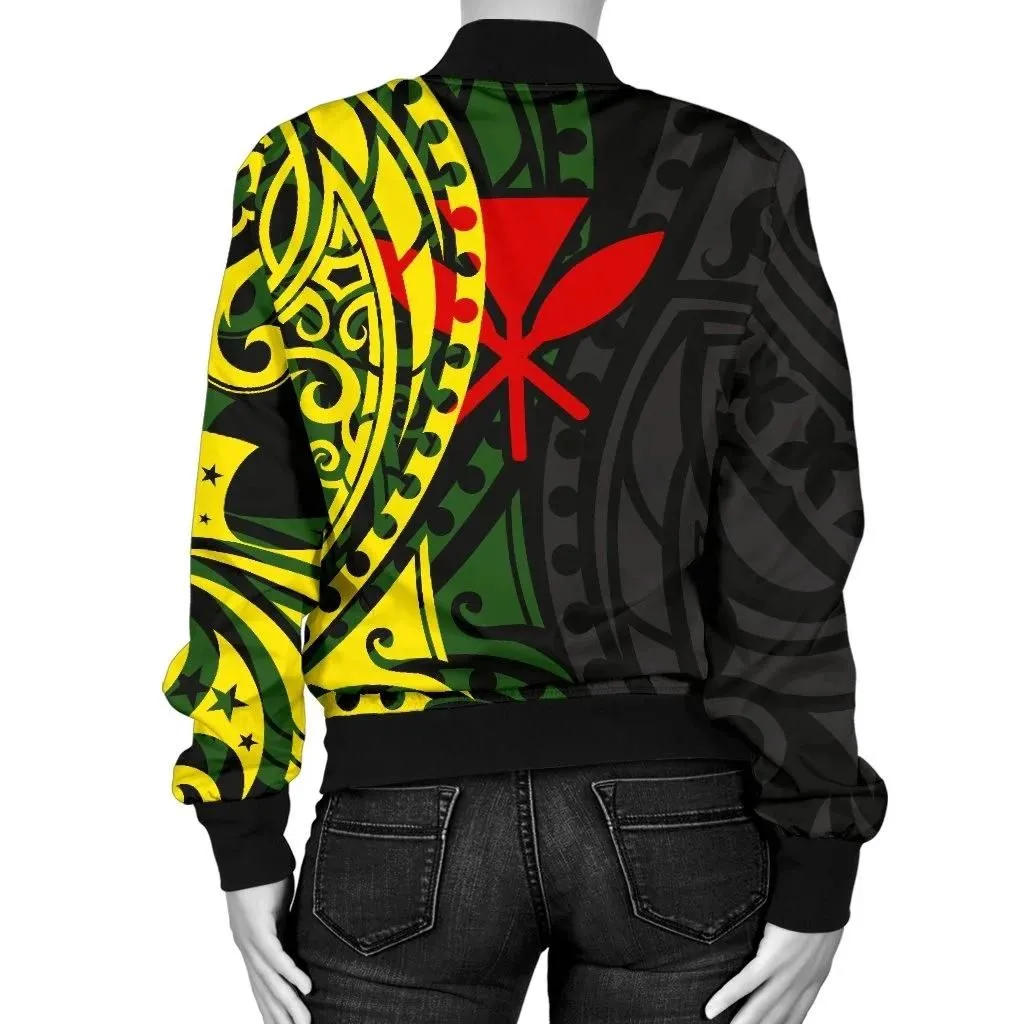 Hawaii Women's Bomber Jacket - Polynesian Patterns With Hibiscus Flowers - BN15