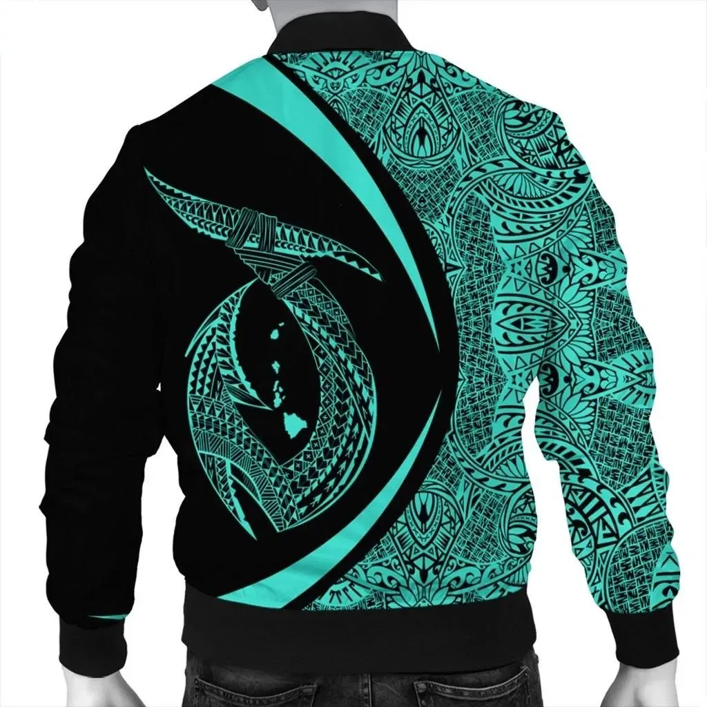 Alohawaii Jacket - Hawaii Fish Hook Polynesian Bomber Jacket - Circle Style Turquoise - AH - J4R