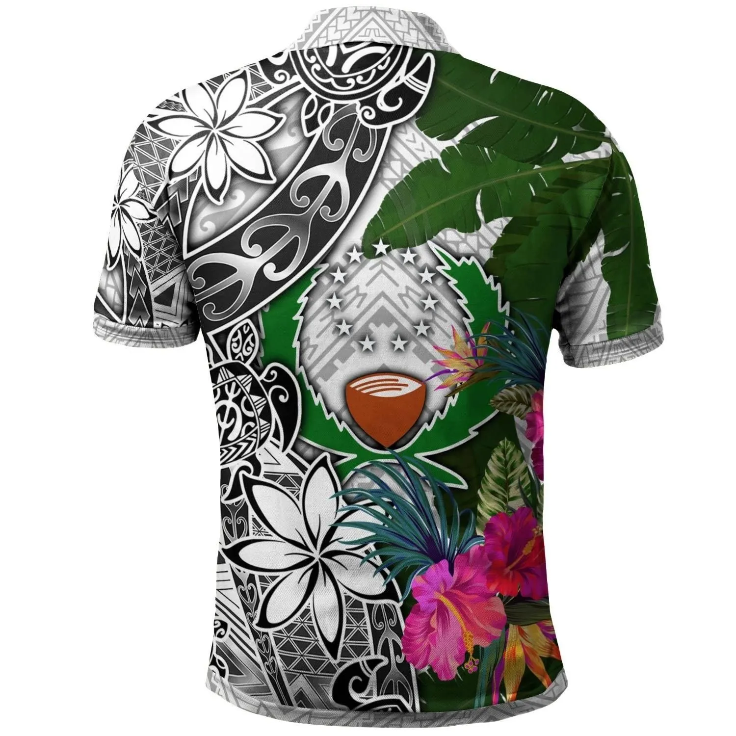 Pohnpei Polo Shirt White - Turtle Plumeria Banana Leaf - BN11