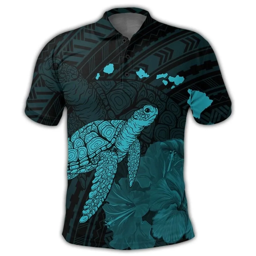 Alohawaii Shirt - Hawaii Polynesian Hibiscus Turtle Map Polo Shirt Blue - AH - J5R
