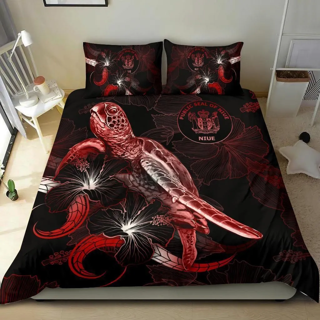 Niue Polynesian Bedding Set - Turtle With Blooming Hibiscus Red