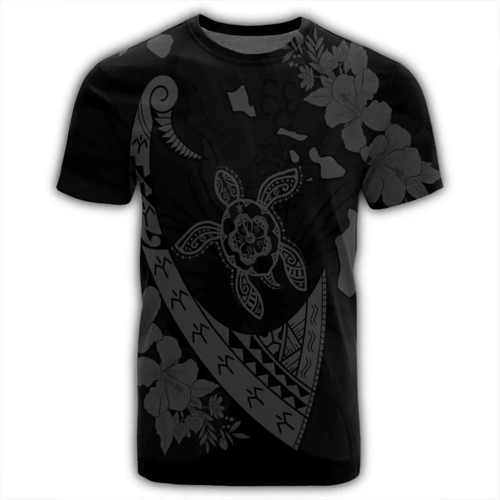 Alohawaii Tee - Hawaiian Map Hibiscus Turtle Fish Hook Polynesian T-Shirt Grey - AH - J5R