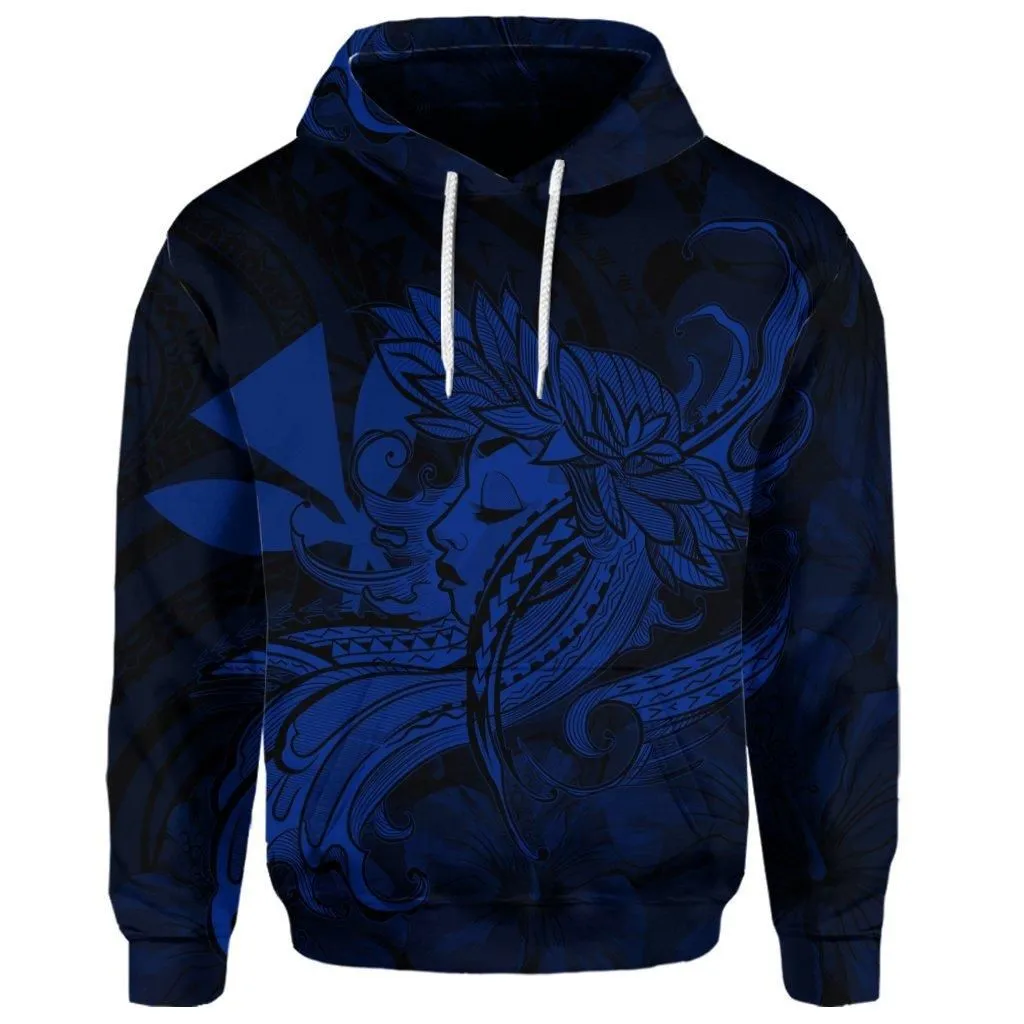 (Personalised) Hawaiian Map Hula Girl Hibiscus Kanaka Polynesian Hoodie - Blue - AH