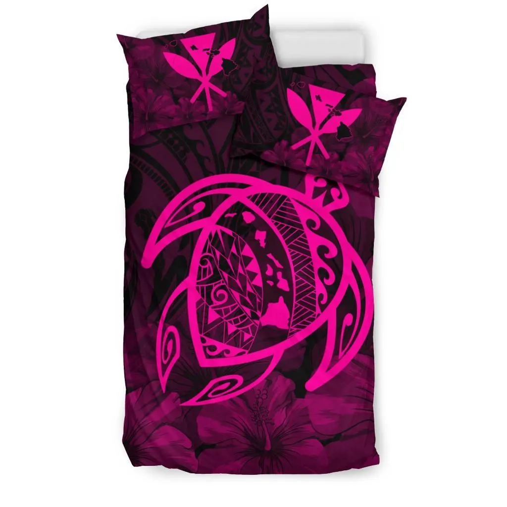 FamilyGater Home Set - Hawaiian Map Turtle Kanaka Hibiscus Polynesian Bedding Set - Pink - AH J4