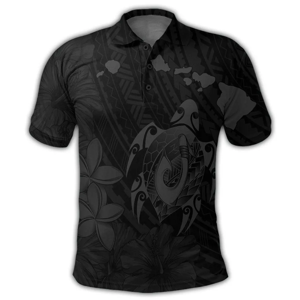Hawaiian Map Turtle Plumeria Hibiscus Fish Hook Polynesian Polo Shirt Grey - AH