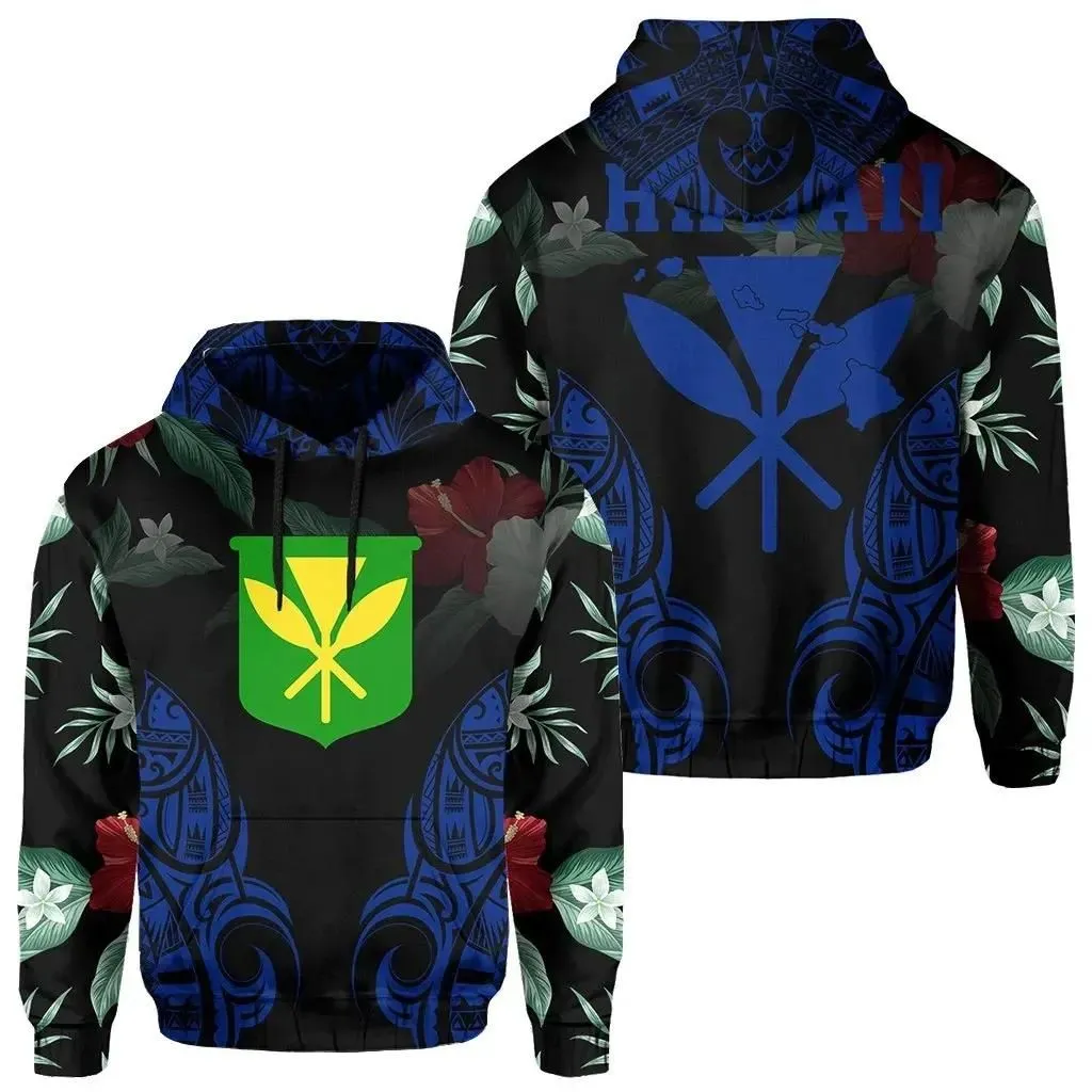 Polynesian Tropic Kanaka Maoli Hibiscus Hawaii Hoodie Blue  - AH - J1