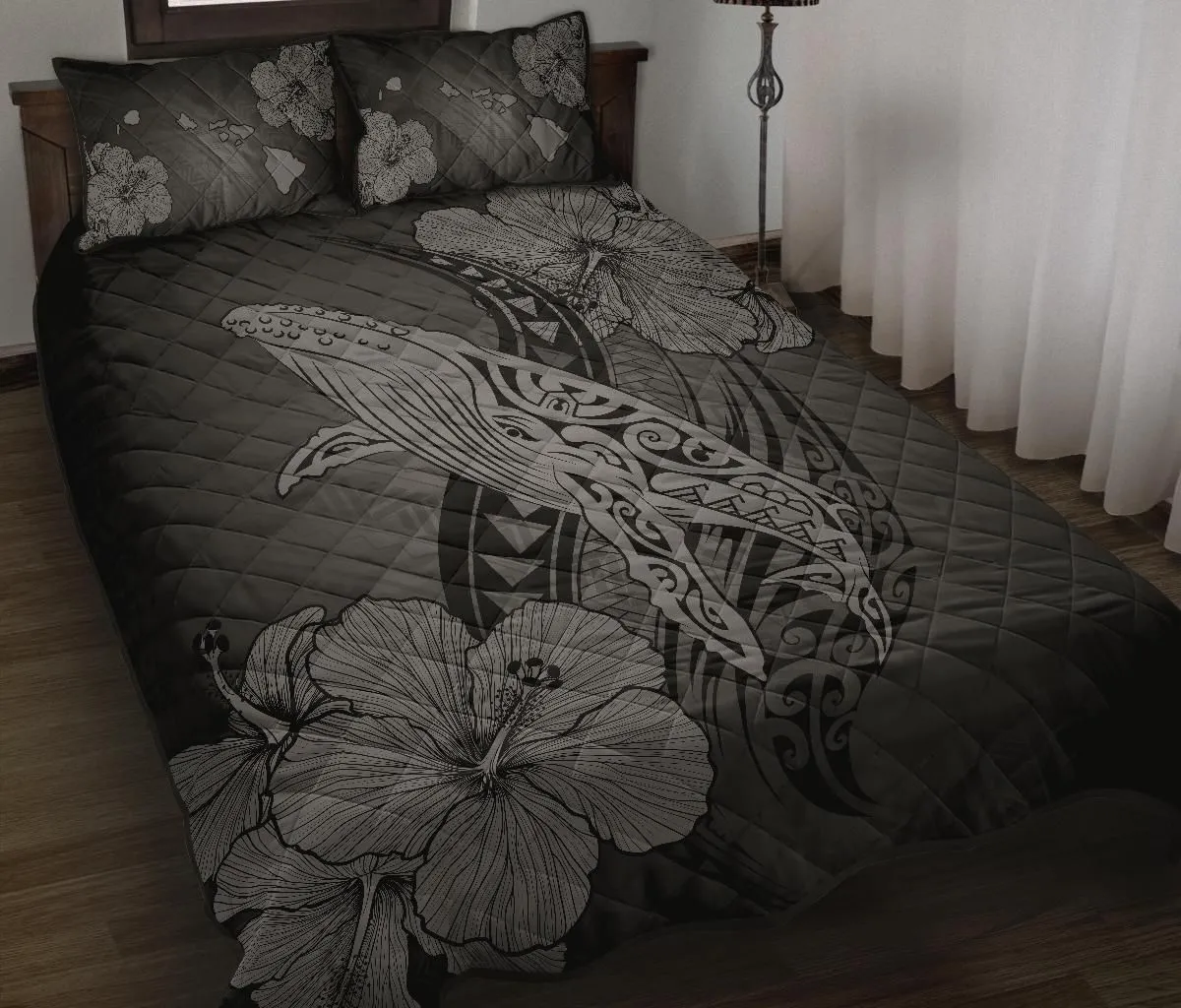 Hawaiian Whale Swim Hibiscus Polynesian Quilt Bedding Set - Gray