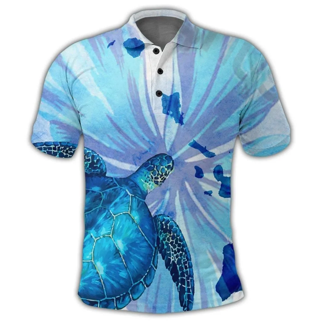 Hawaiian Map Hibiscus Flower Turtle Polynesian Polo Shirt Blue - AH