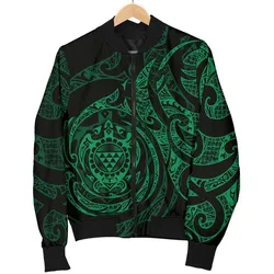 Polynesian Hawaii Women's Bomber Jacket - Green Turtle Tribal - BN12