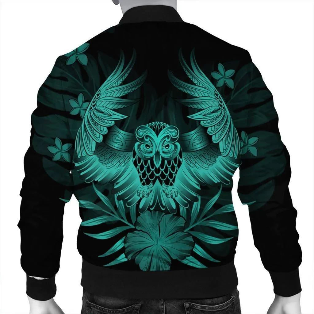 Hawaiian Owl Hibiscus Plumeria Polynesian Bomber Jacket - Turquoise - AH
