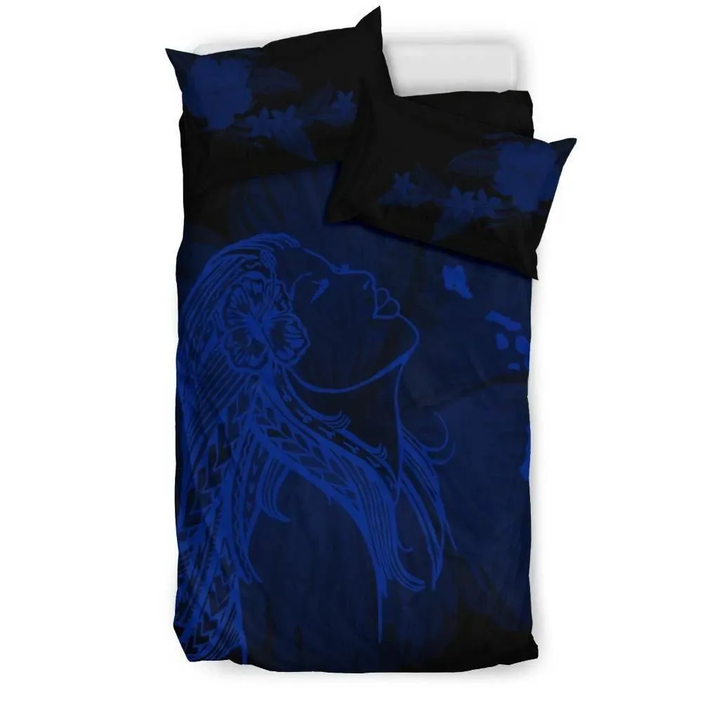 Hawaiian Map Heart Hula Girl Hibiscus Polynesian Bedding Set - Blue - AH J4
