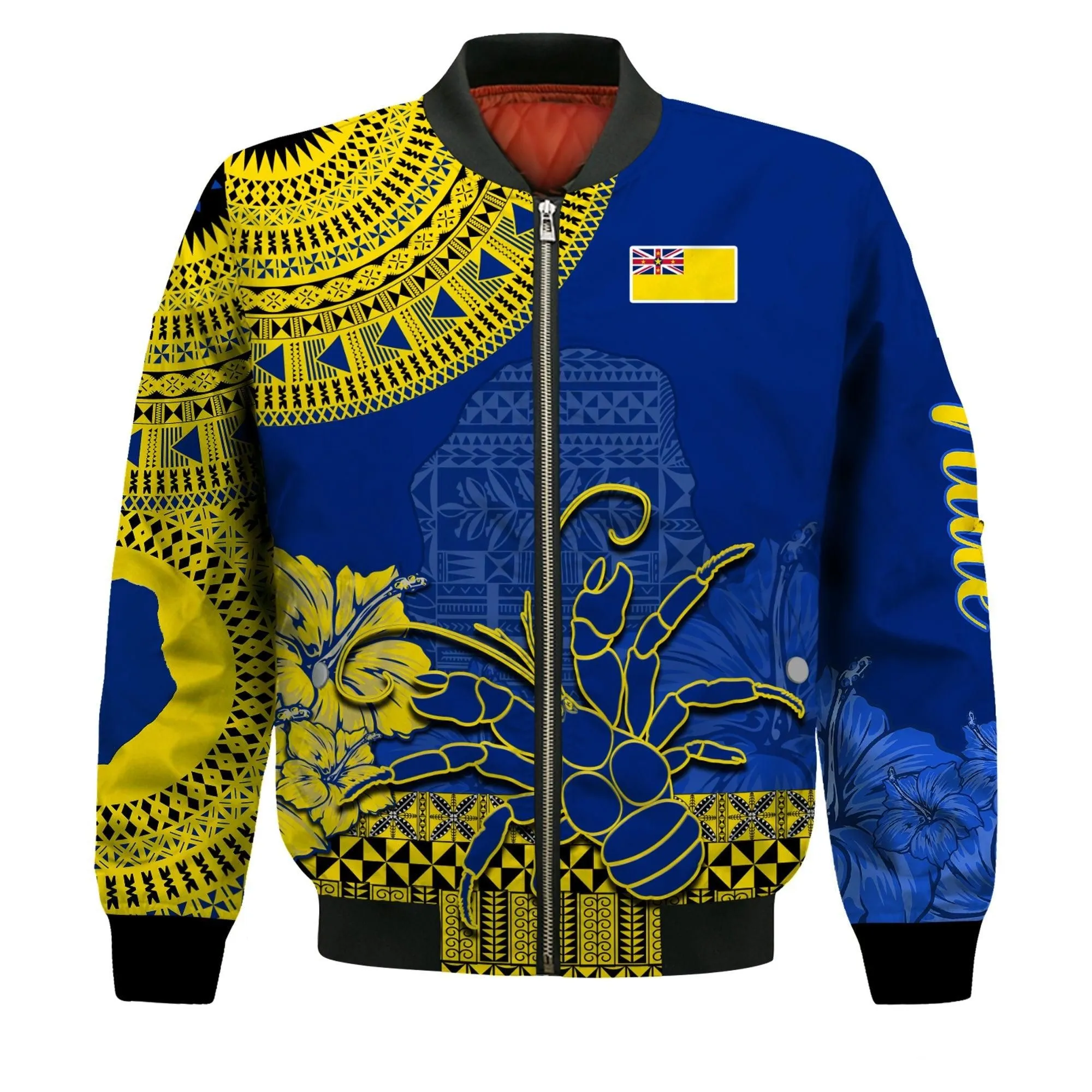 (Custom Personalised) Niue Hiapo Bomber Jacket Rock of Polynesia Tapa Niuean Crab Happy Day LT13