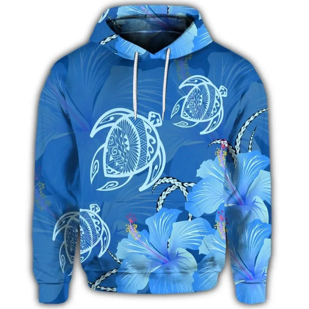 Alohawaii Hoodie - Hawaiian Blue Hibiscus Turtle Polynesian Hoodie - AH - J4R