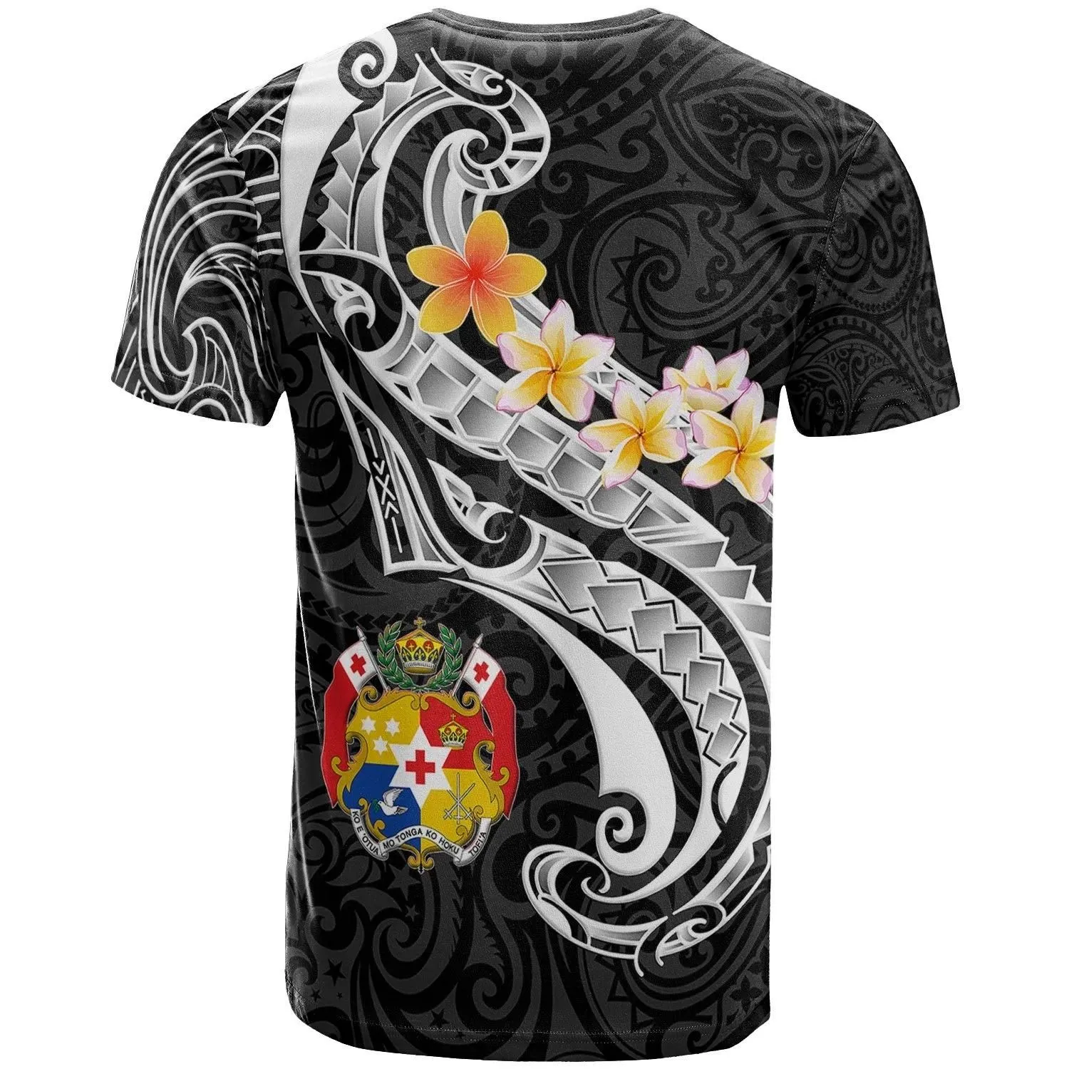 Tonga T-Shirt - Tonga Seal  Polynesian Patterns Plumeria (Black) - BN25