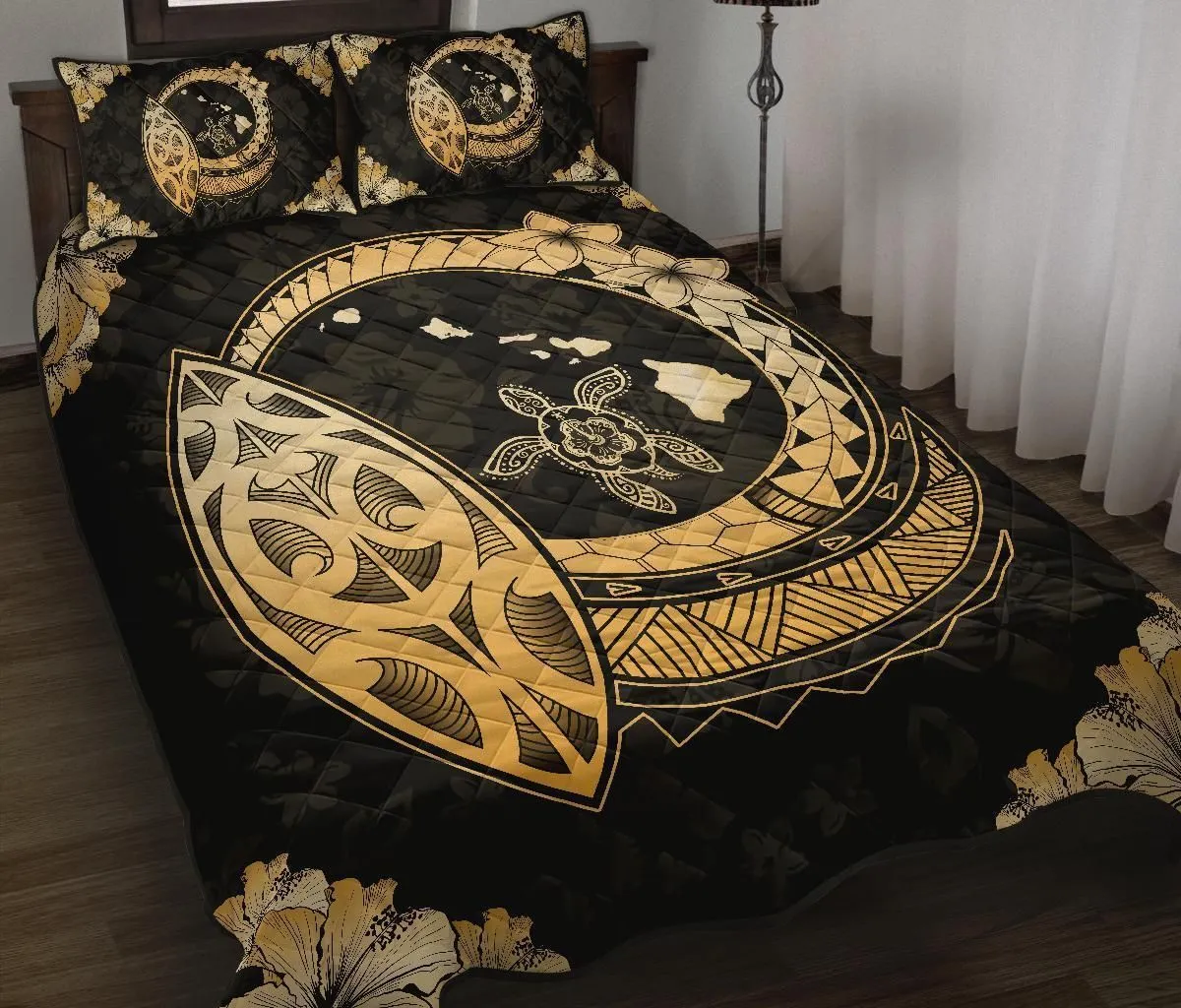 Hawaiian Map Hibiscus Plumeria Polynesian Quilt Bedding Set Gold