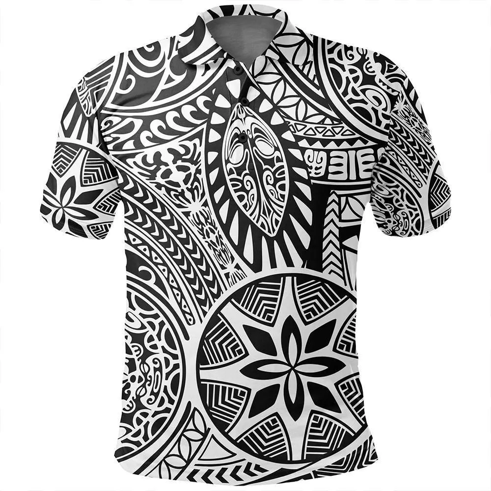 Unisex Polynesian Hawaiian Style Tribal Tattoo White Polo Shirt - AH