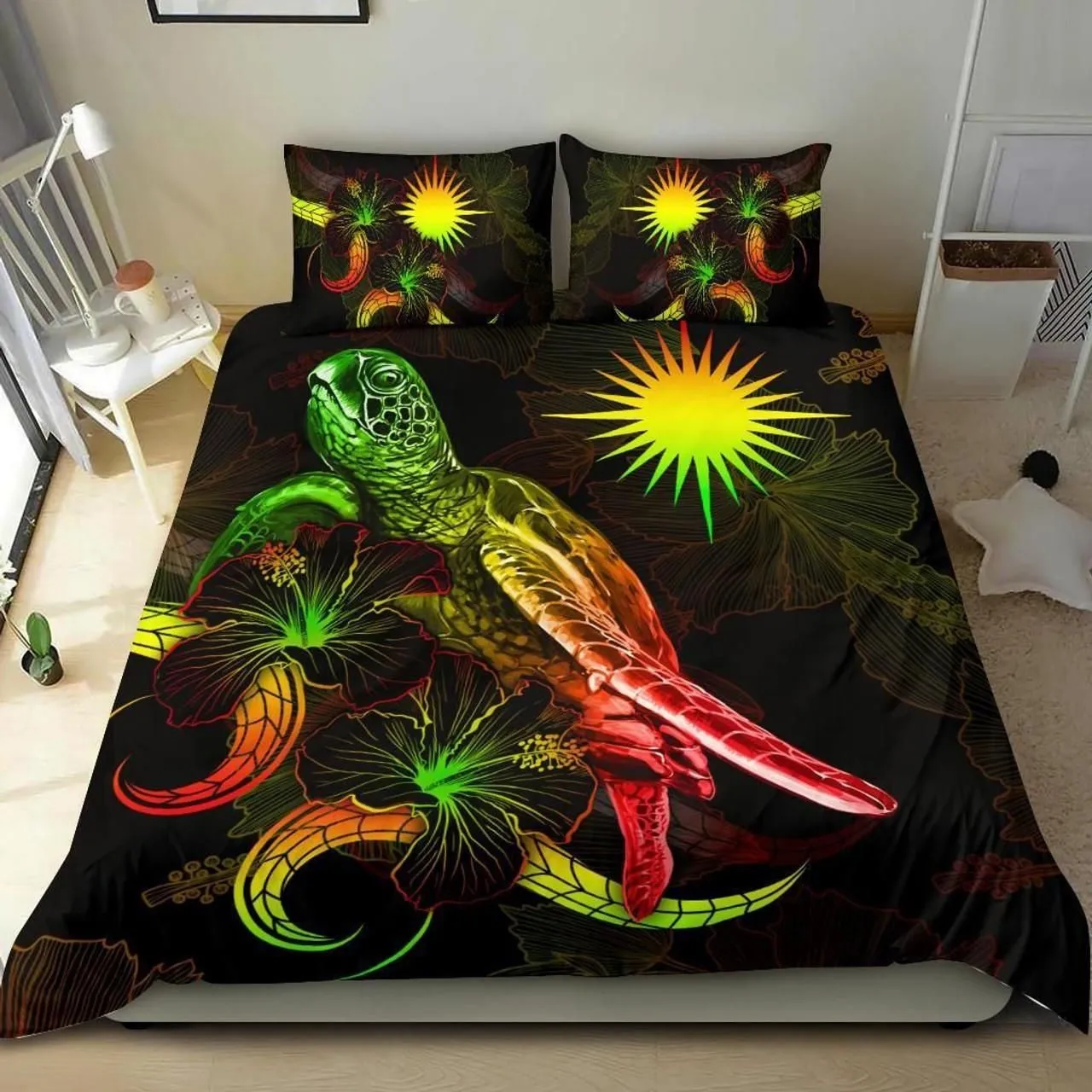 Marshall Islands Polynesian Bedding Set - Turtle With Blooming Hibiscus Reggae