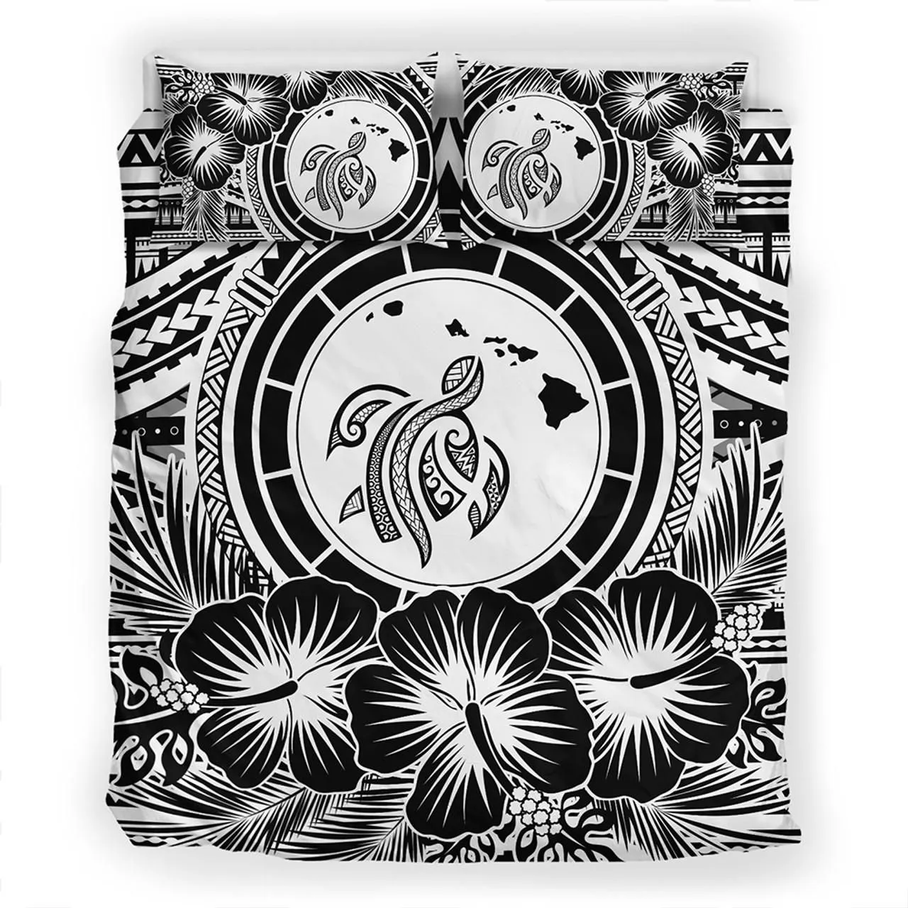 Hawaii Bedding Set Map Honu Hibiscus Polynesian White