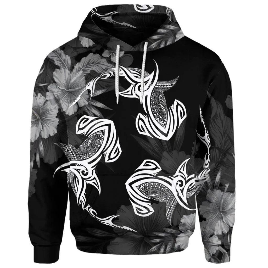 (Personalised) Hawaiian Hammerhead Shark Hibiscus White Polynesian Hoodie - AH